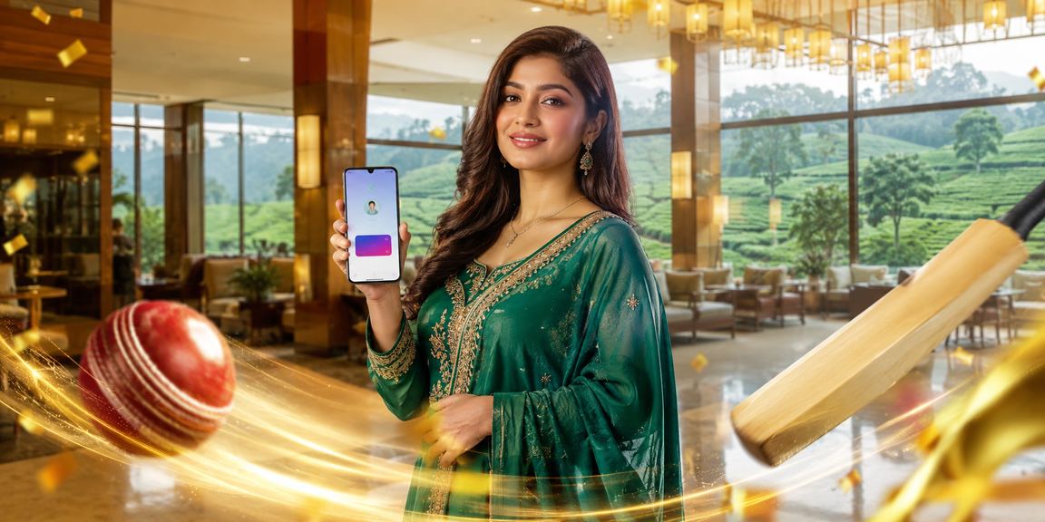 সিলেটে চা বাগানের পটভূমিতে মোবাইলে b450m লগইন করছেন একজন ব্যবহারকারী